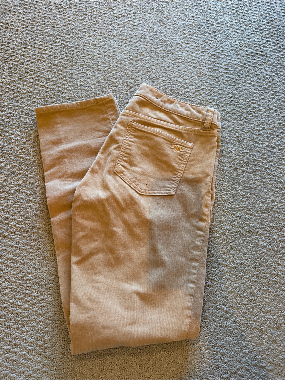 Tory Burch tan super skinny pants with gold logo hardware